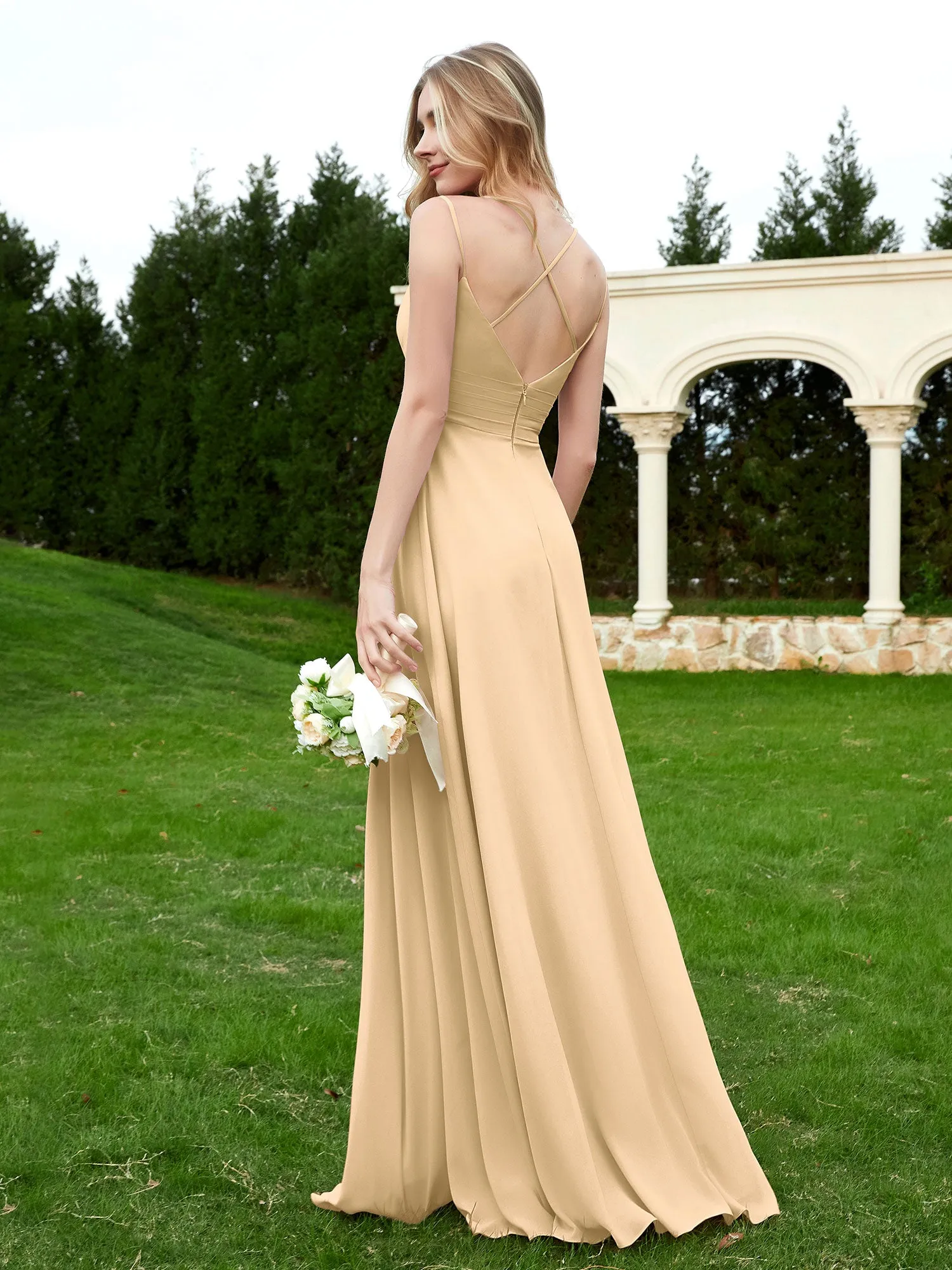 Floor Length V Neck Chiffon Bridesmaid Gown Champagne